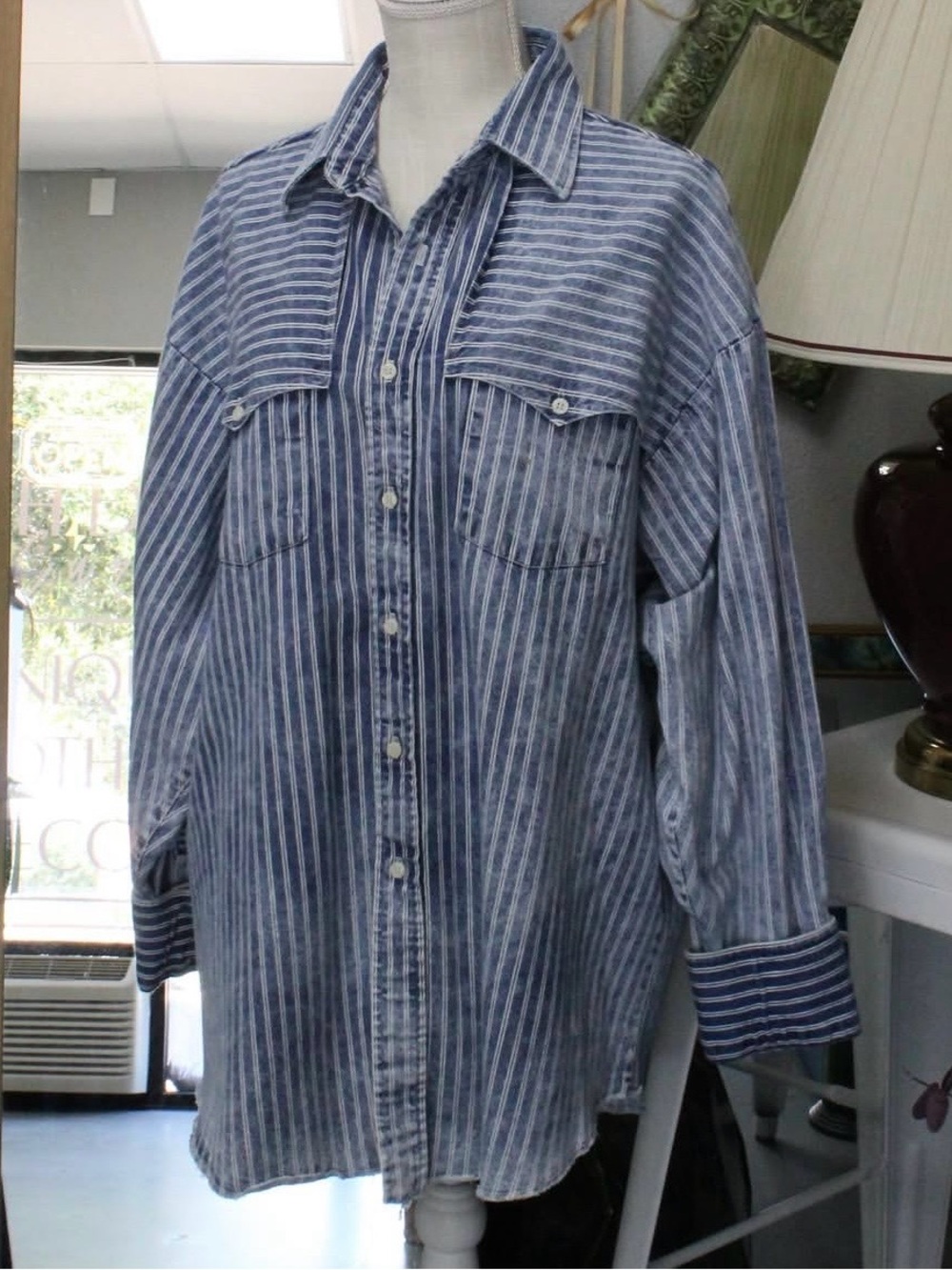 Panhandle Slim Blue and White Striped Casual Button-Down Shirt